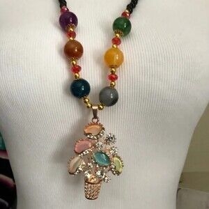 Rhinestone Flower Pot Beaded Statement Necklace Gold Tone